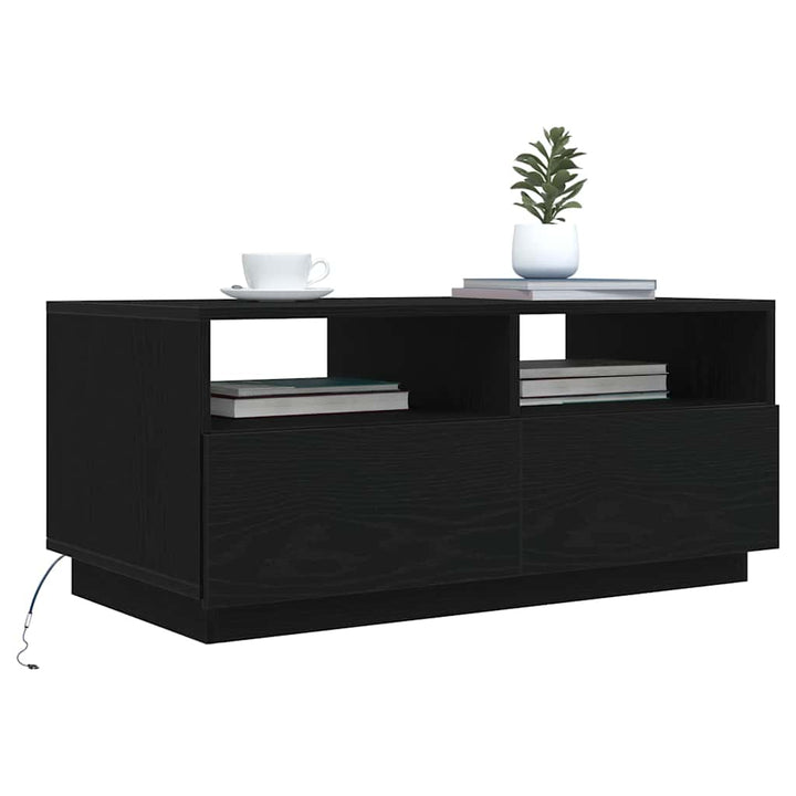 sofabord med LED-lys 90x49x40 cm sort egetræsfarve