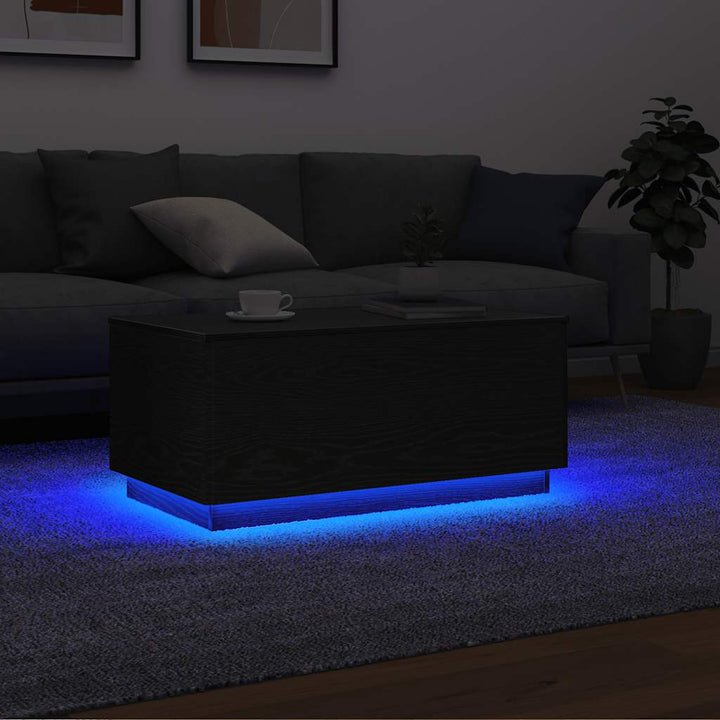 sofabord med LED-lys 90x49x40 cm sort egetræsfarve