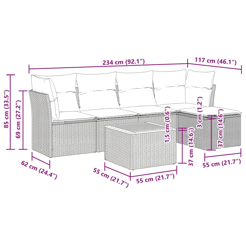 sofasæt til haven 6 dele med hynder polyrattan grå