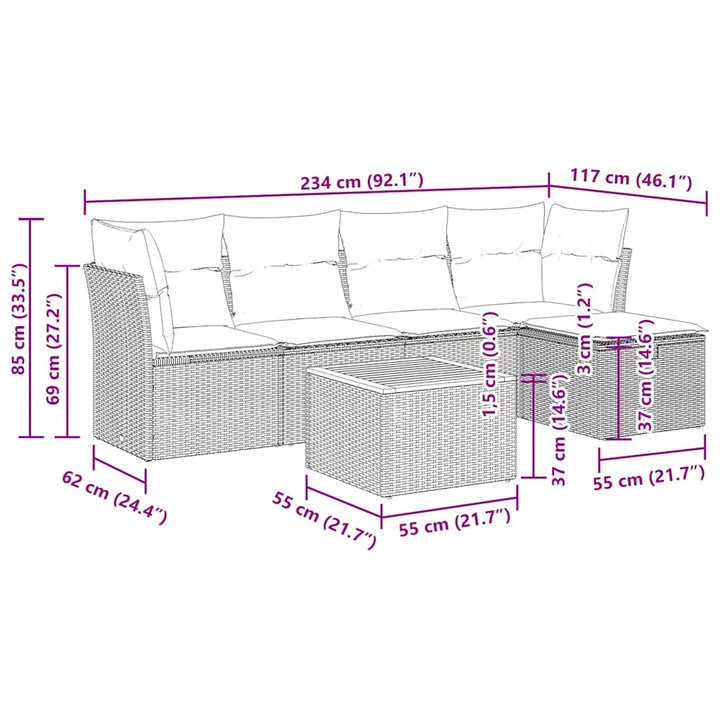 sofasæt til haven 6 dele med hynder polyrattan grå