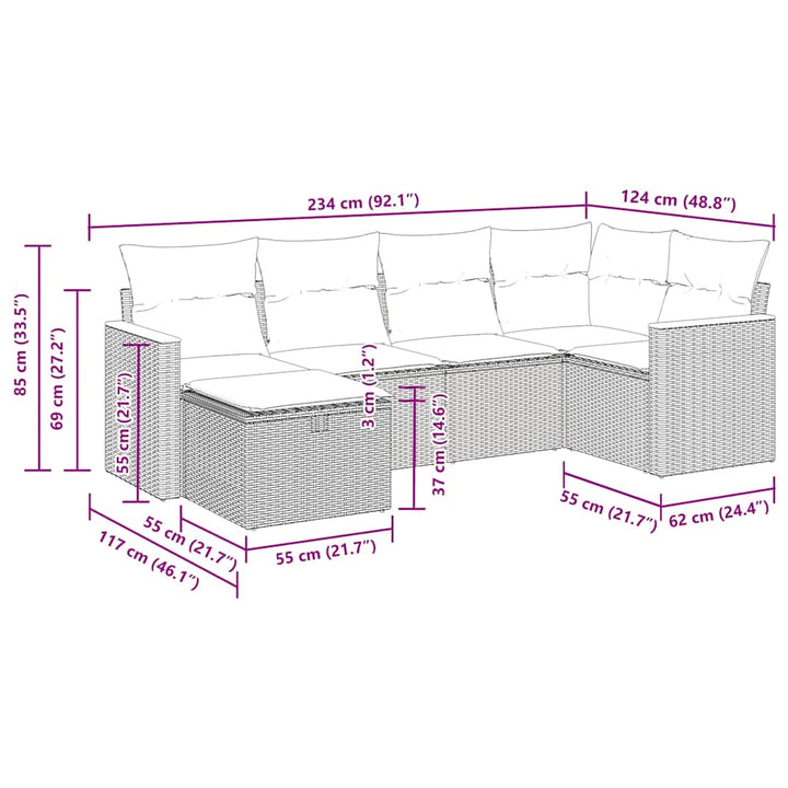 sofasæt til haven 6 dele med hynder polyrattan beige