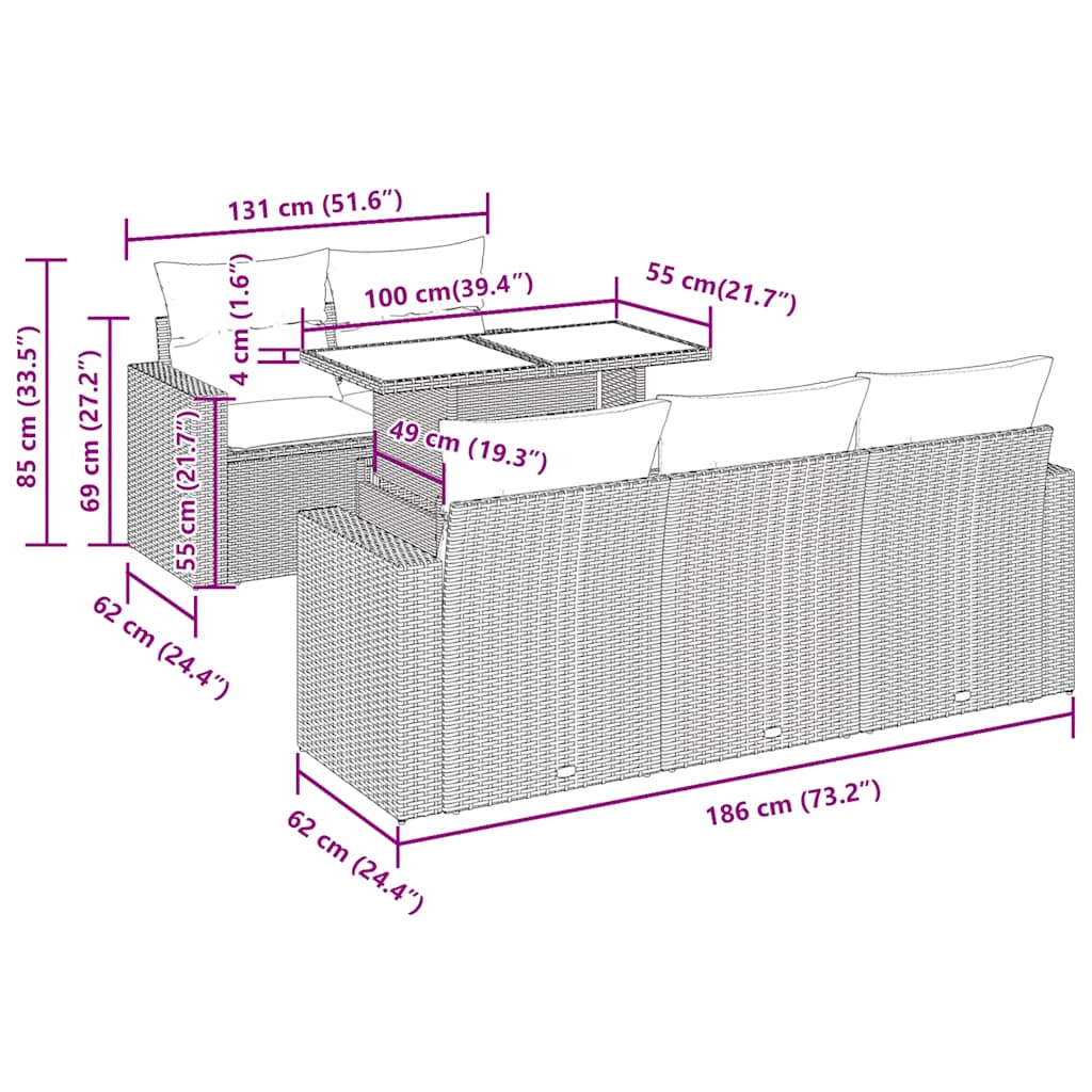 sofasæt til haven 6 dele med hynder polyrattan brun