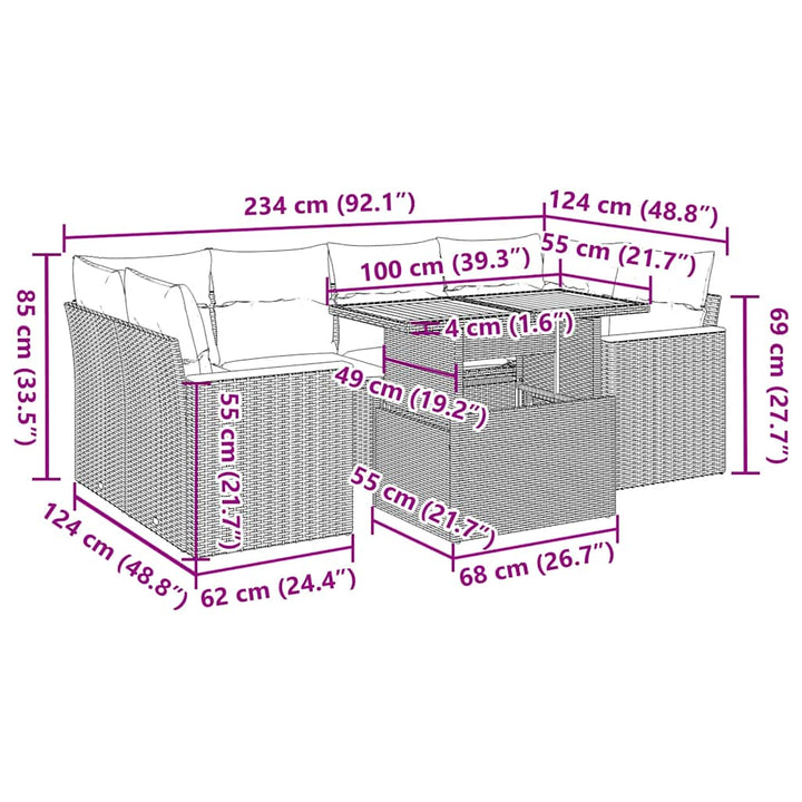 sofasæt til haven 6 dele med hynder polyrattan akacietræ sort