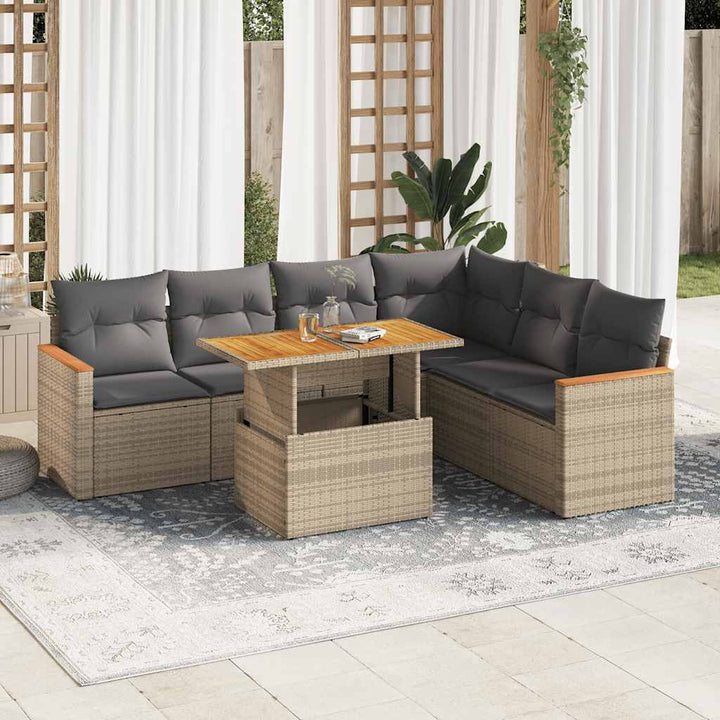 sofasæt til haven 7 dele med hynder polyrattan akacietræ beige