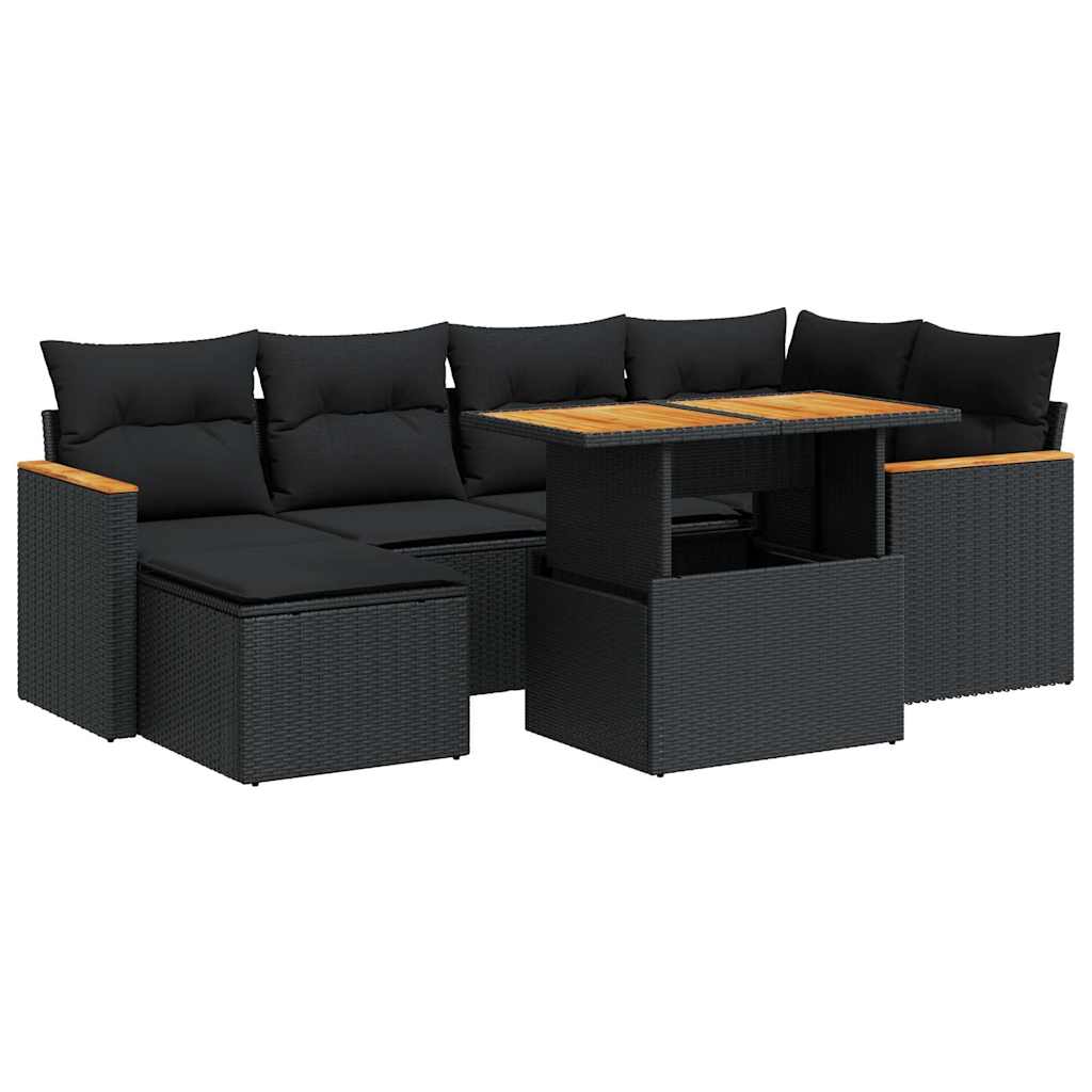 sofasæt til haven 7 dele med hynder polyrattan akacietræ sort