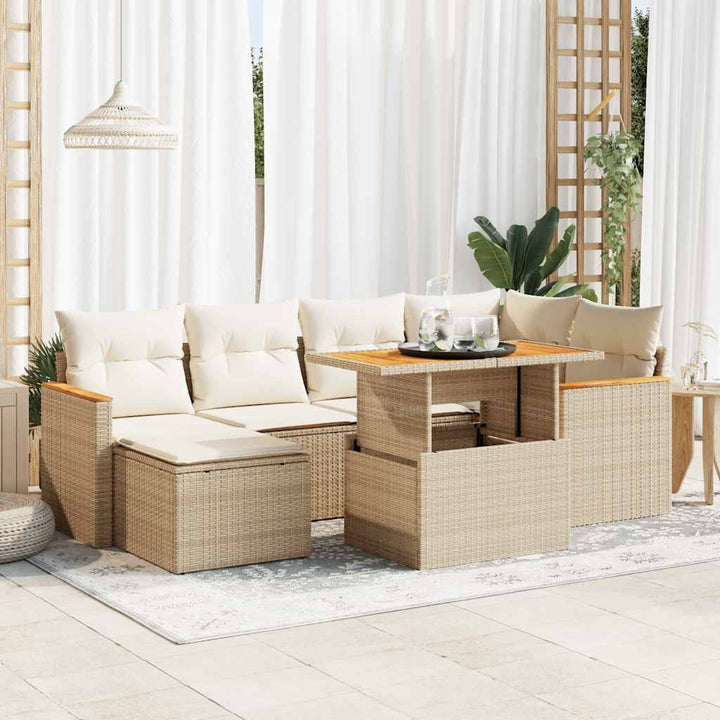 sofasæt til haven 7 dele med hynder polyrattan akacietræ beige