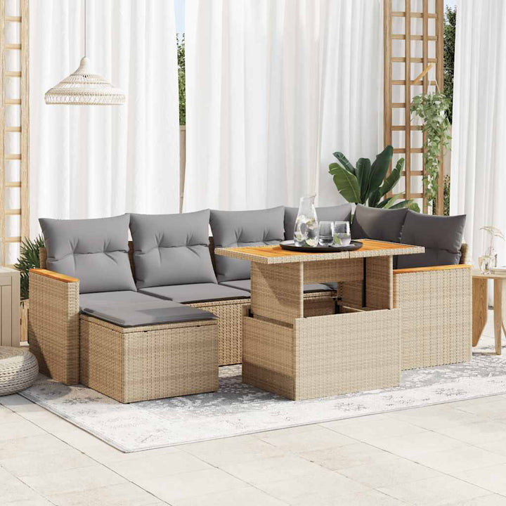 sofasæt til haven 7 dele med hynder polyrattan akacietræ beige