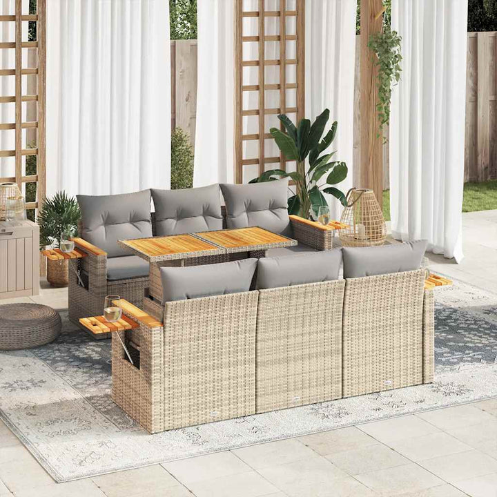 sofasæt til haven 7 dele med hynder polyrattan akacietræ beige