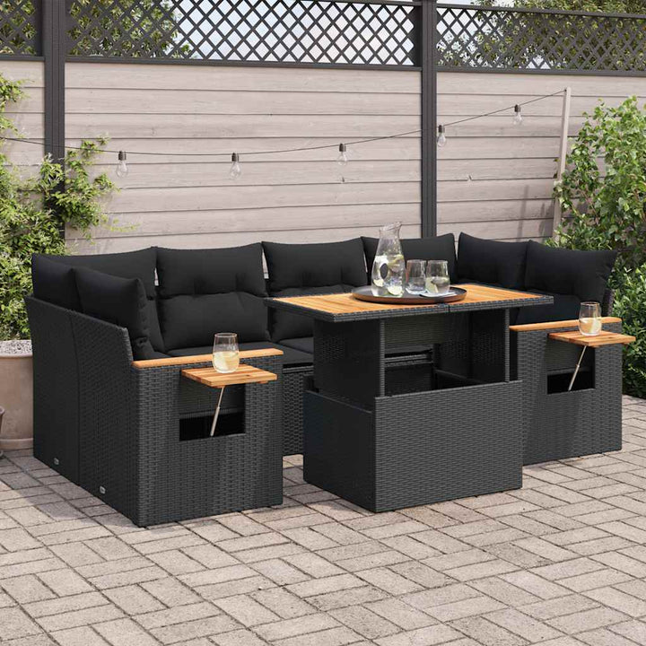 sofasæt til haven 7 dele med hynder polyrattan akacietræ sort