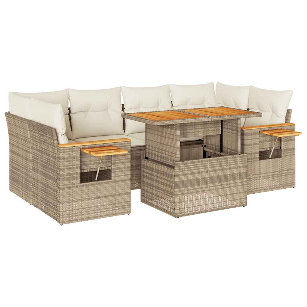 sofasæt til haven 7 dele med hynder polyrattan akacietræ beige