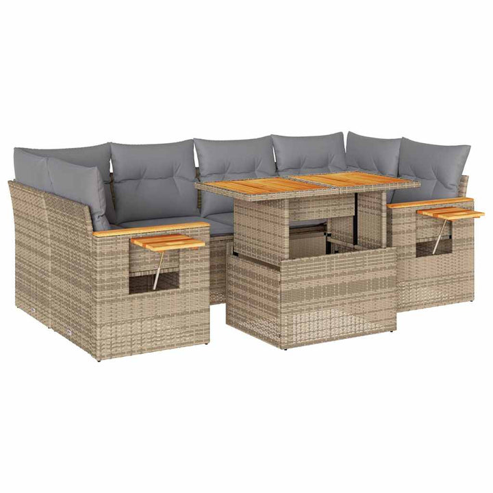 sofasæt til haven 7 dele med hynder polyrattan akacietræ beige