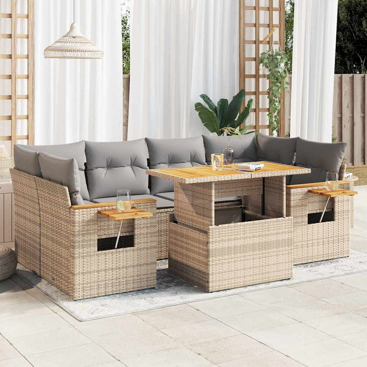 sofasæt til haven 7 dele med hynder polyrattan akacietræ beige