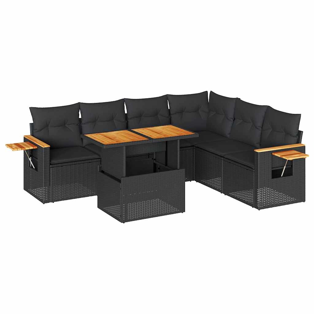 sofasæt til haven 7 dele med hynder polyrattan akacietræ sort