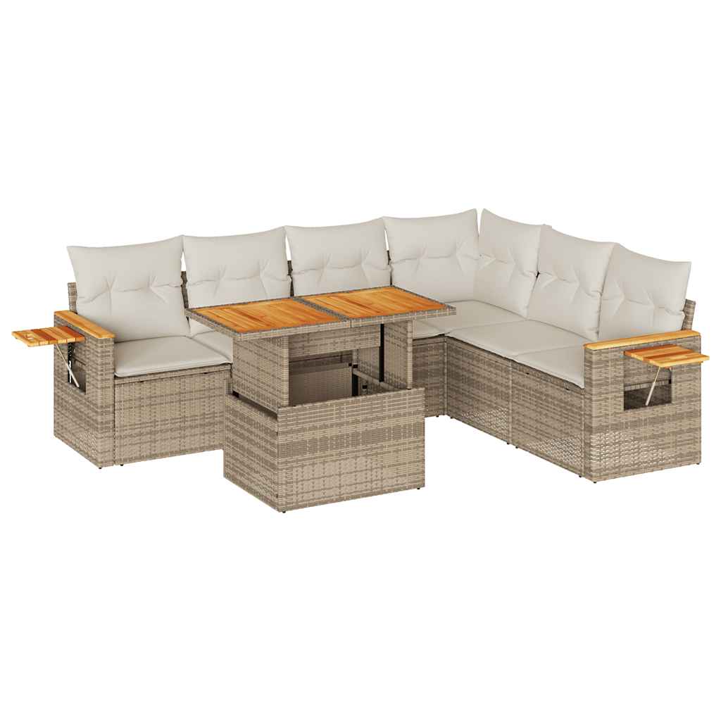 sofasæt til haven 7 dele med hynder polyrattan akacietræ beige