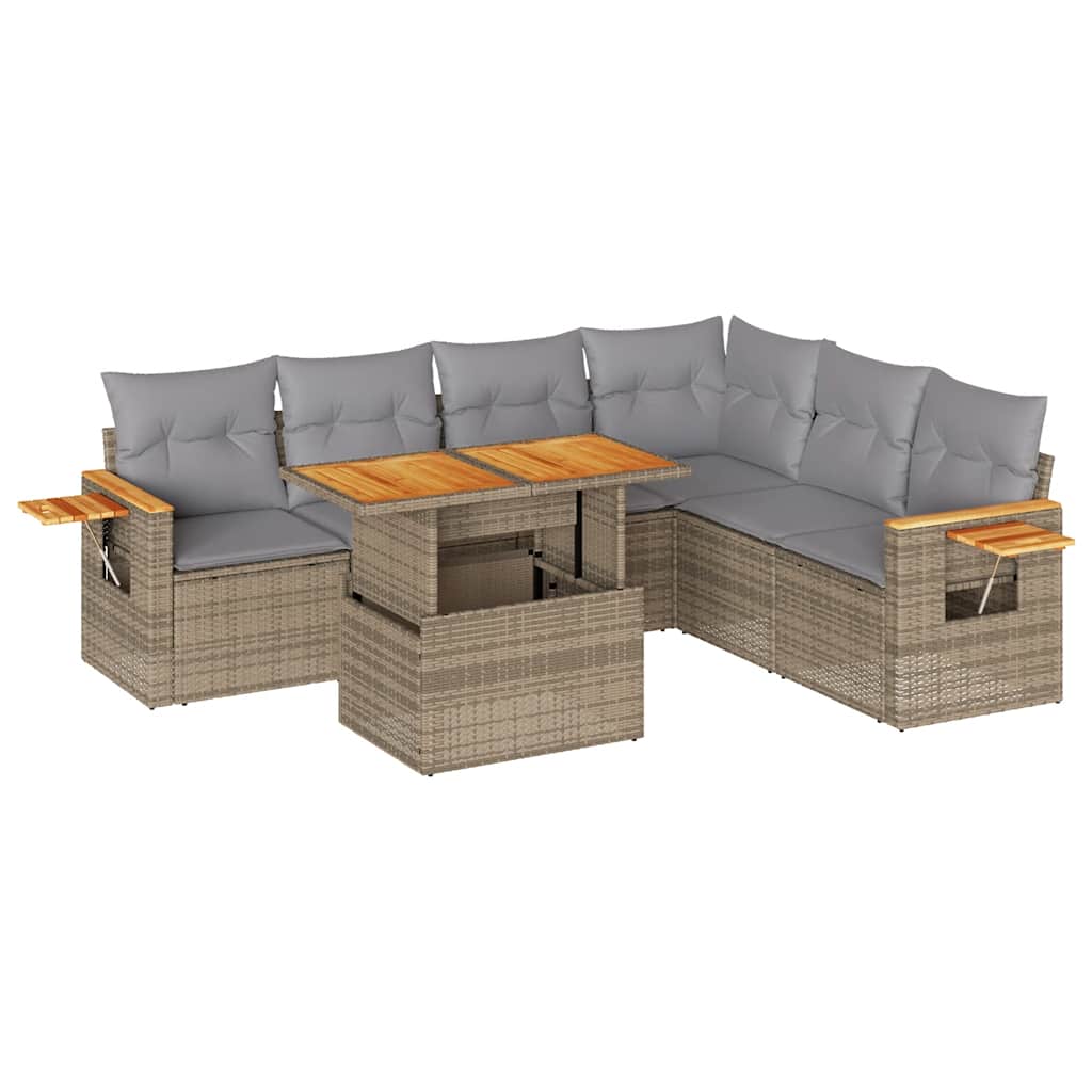 sofasæt til haven 7 dele med hynder polyrattan akacietræ beige
