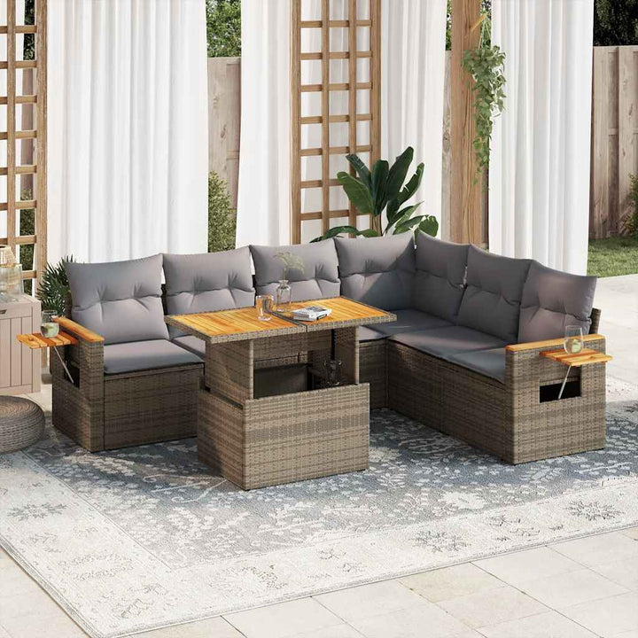 sofasæt til haven 7 dele med hynder polyrattan akacietræ beige