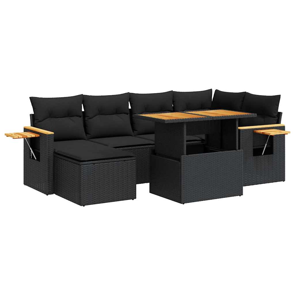 sofasæt til haven 7 dele med hynder polyrattan akacietræ sort
