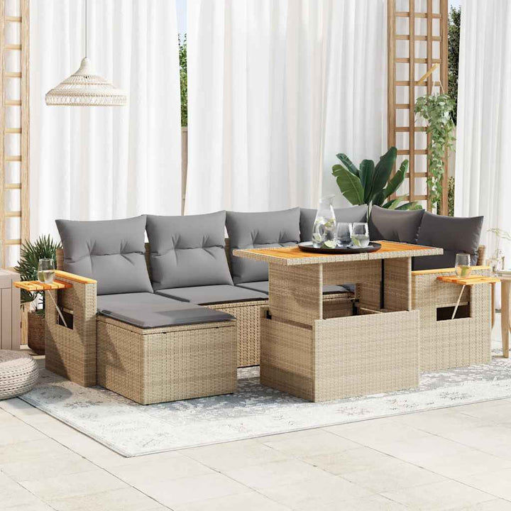 sofasæt til haven 7 dele med hynder polyrattan akacietræ beige