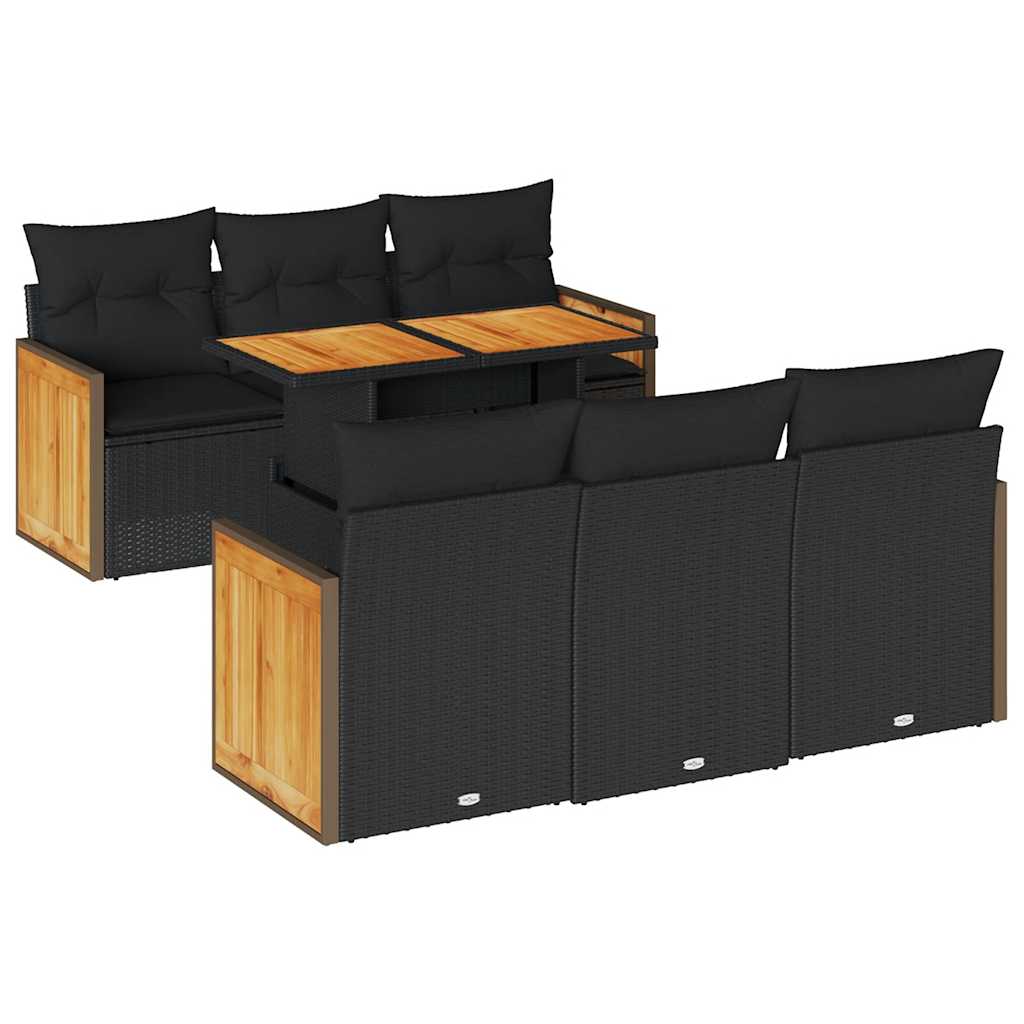 sofasæt til haven 7 dele med hynder polyrattan akacietræ sort