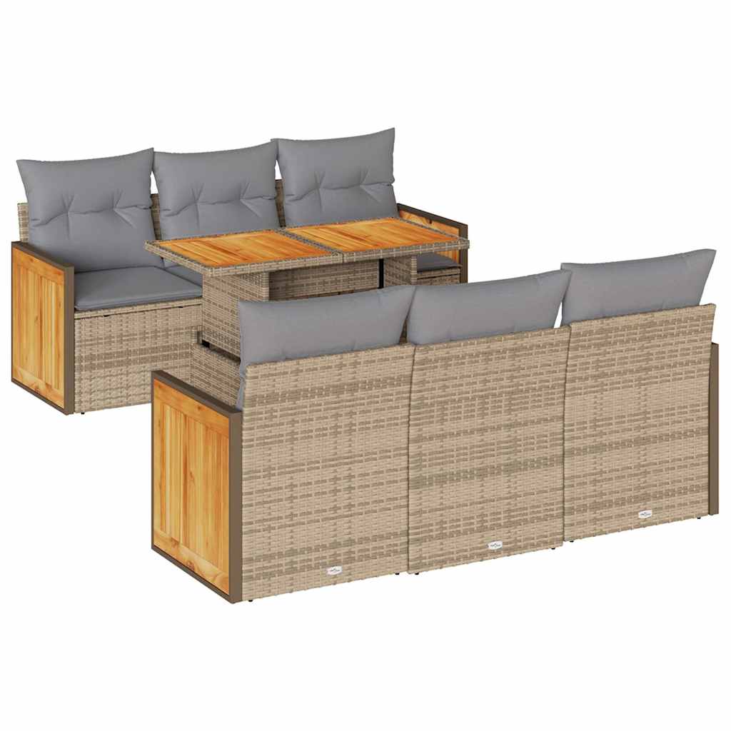 sofasæt til haven 7 dele med hynder polyrattan akacietræ beige