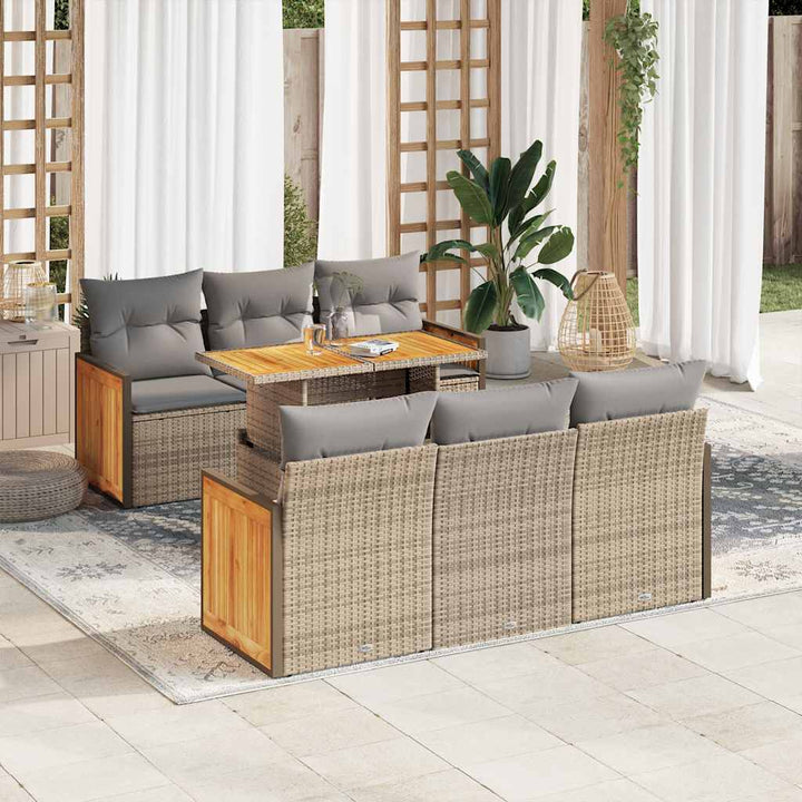 sofasæt til haven 7 dele med hynder polyrattan akacietræ beige