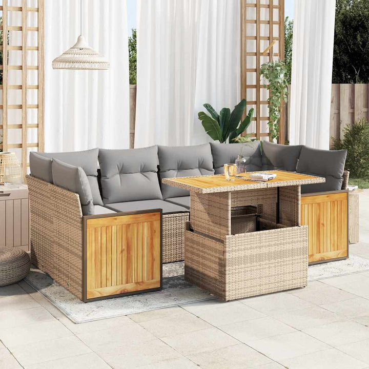 sofasæt til haven 7 dele med hynder polyrattan akacietræ beige
