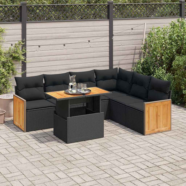 sofasæt til haven 7 dele med hynder polyrattan akacietræ sort