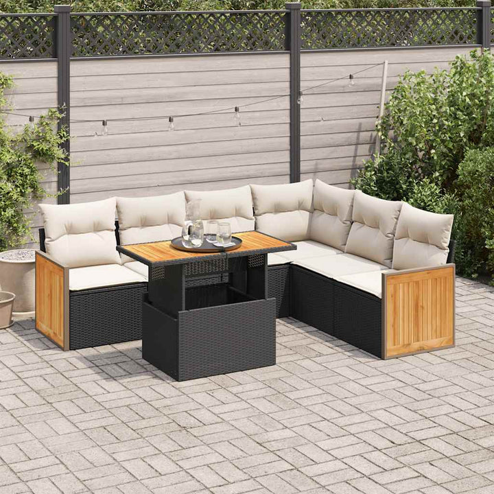 sofasæt til haven 7 dele med hynder polyrattan akacietræ sort