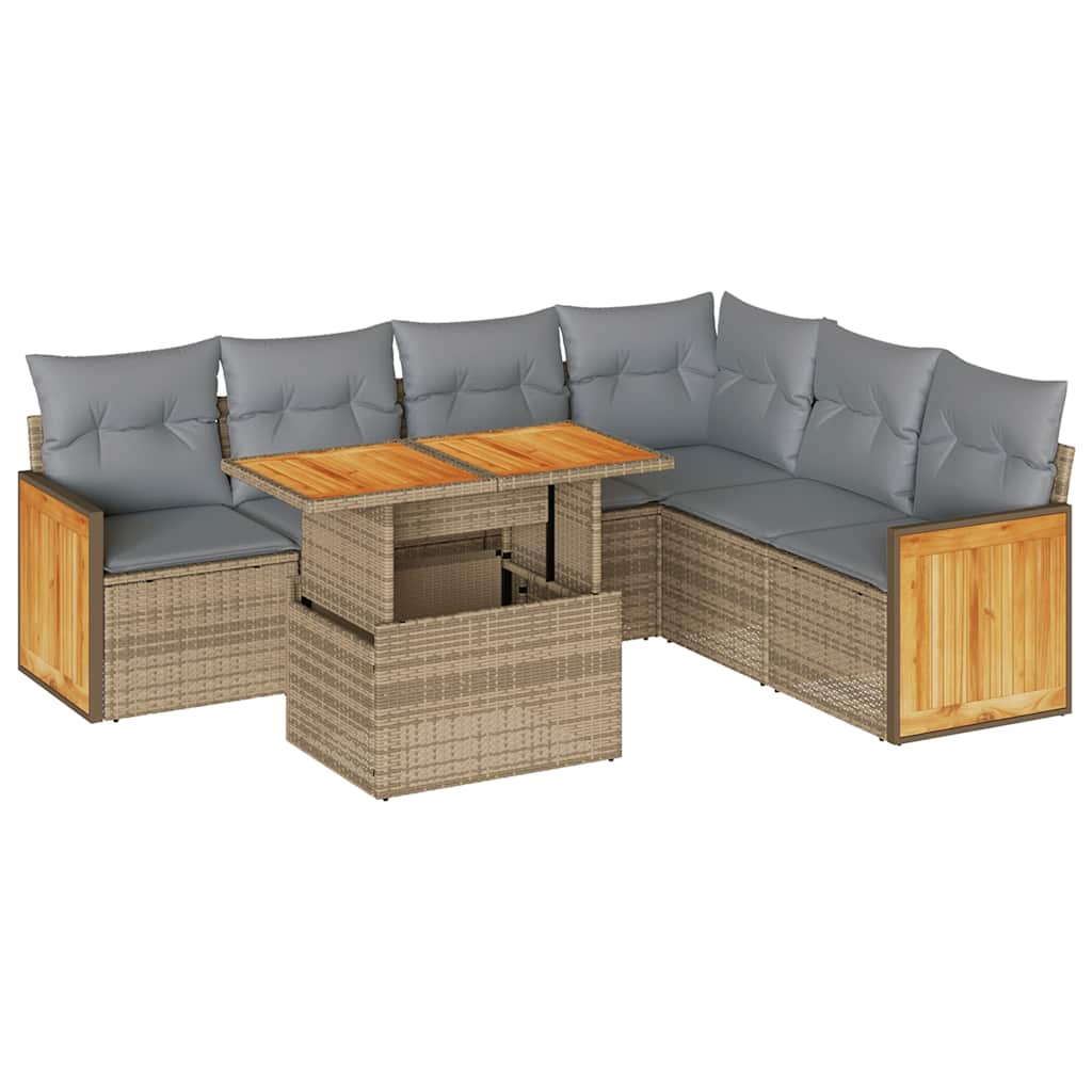 sofasæt til haven 7 dele med hynder polyrattan akacietræ beige