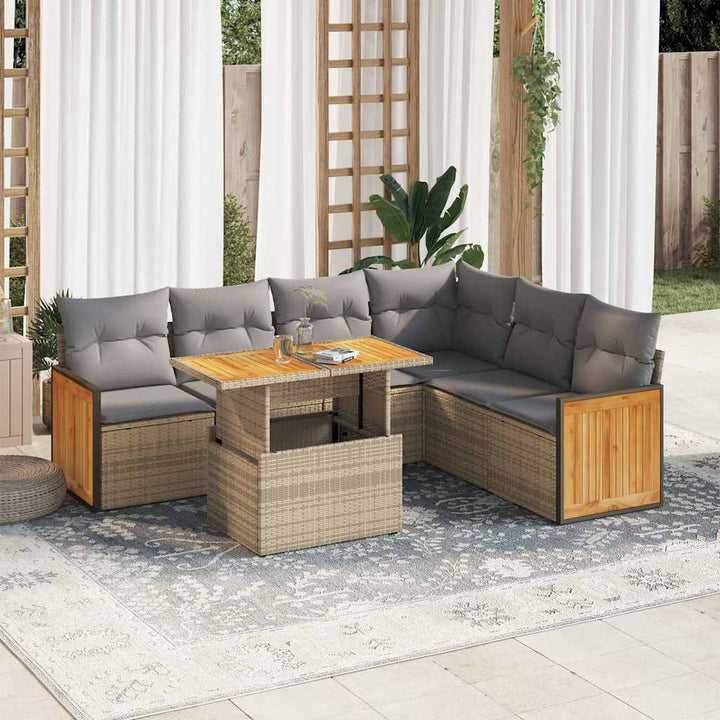sofasæt til haven 7 dele med hynder polyrattan akacietræ beige