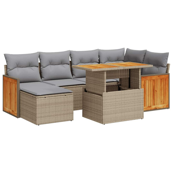 sofasæt til haven 7 dele med hynder polyrattan akacietræ beige