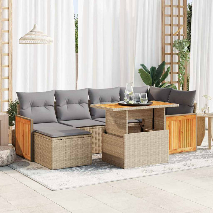sofasæt til haven 7 dele med hynder polyrattan akacietræ beige