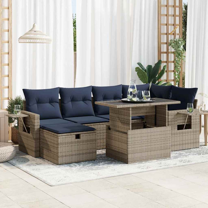 sofasæt til haven 7 dele med hynder polyrattan akacietræ grå