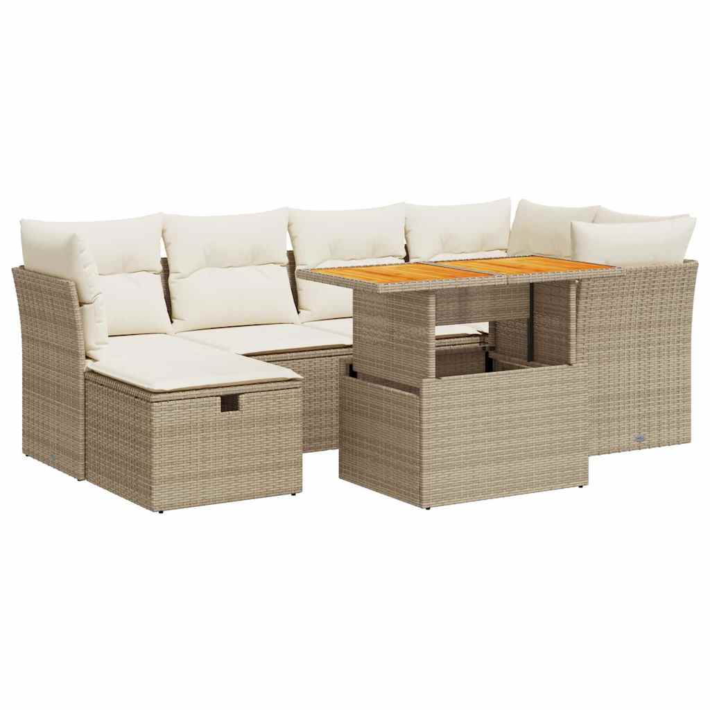 sofasæt til haven 7 dele med hynder polyrattan akacietræ beige