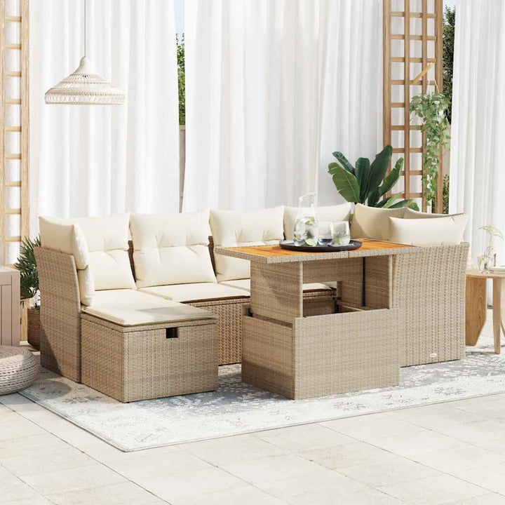 sofasæt til haven 7 dele med hynder polyrattan akacietræ beige
