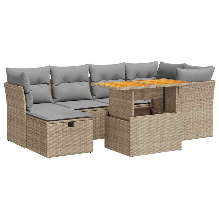sofasæt til haven 7 dele med hynder polyrattan akacietræ beige
