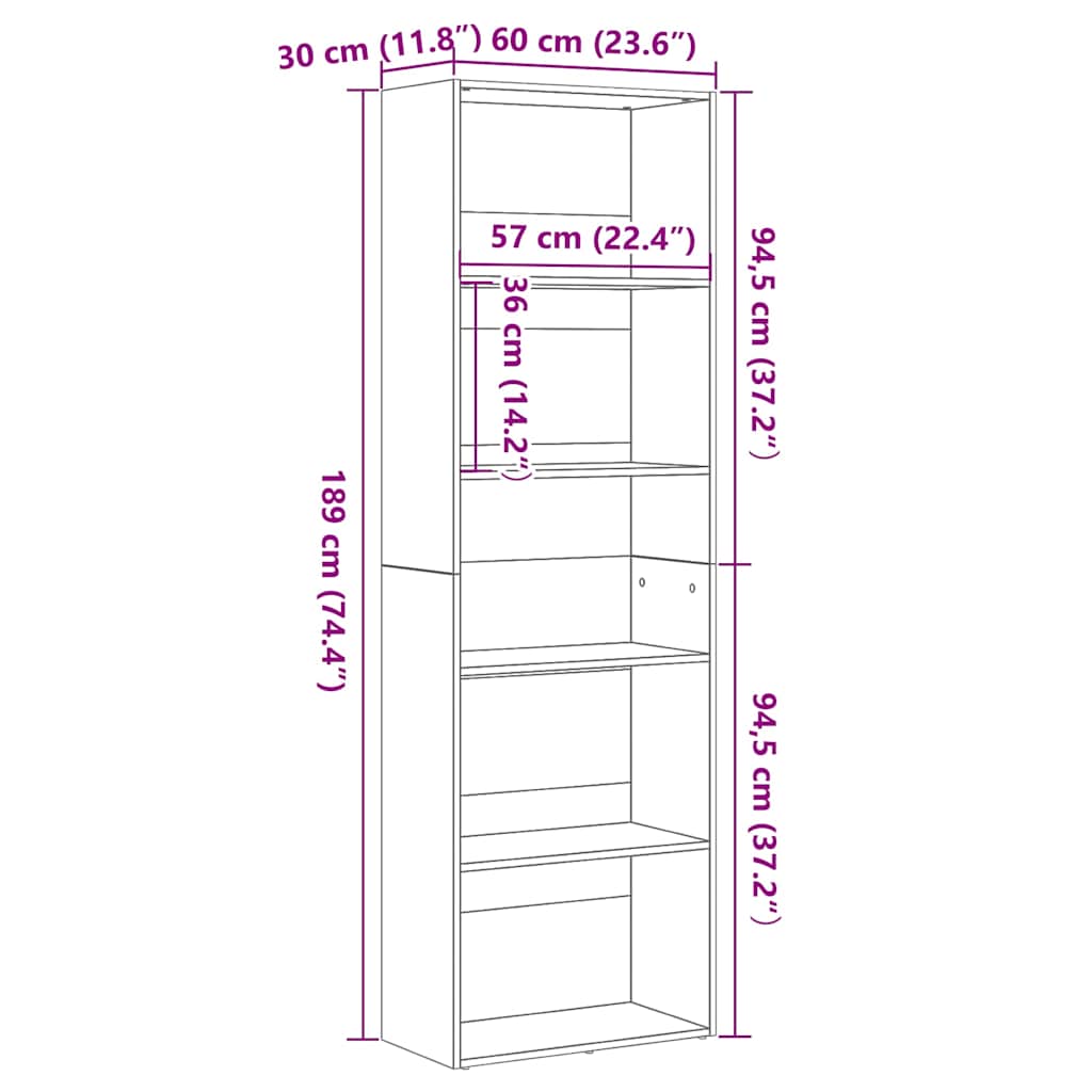 bogreol 60x30x189 cm konstrueret træ sort egetræsfarve