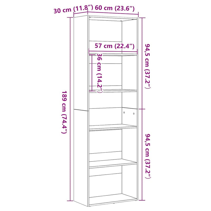 bogreol 60x30x189 cm konstrueret træ sort egetræsfarve