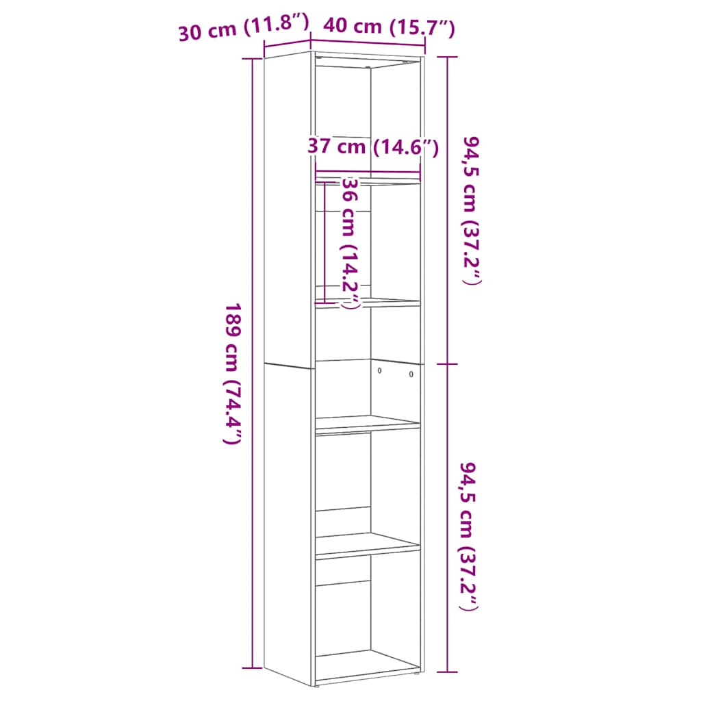bogreol 40x30x189 cm konstrueret træ sort egetræsfarve