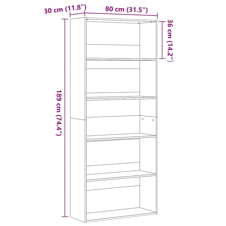 bogreol 80x30x189 cm konstrueret træ sort egetræ
