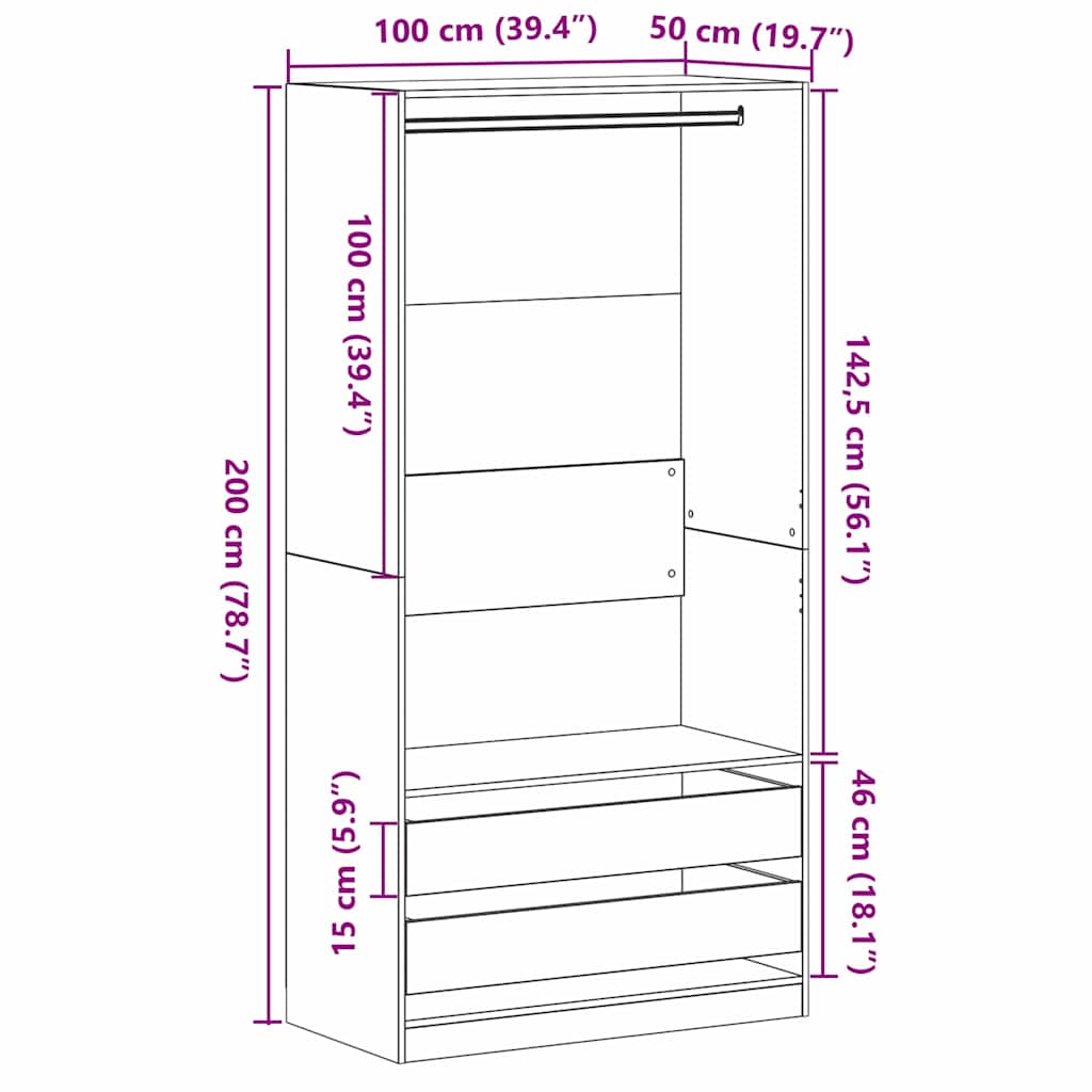 Garderobeskab Sort eg 100 x 50 x 200 cm Konstrueret træ