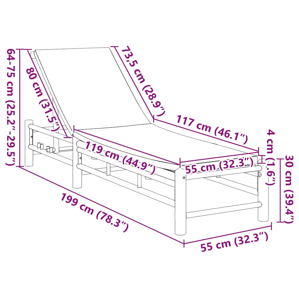 liggestol med hynder 55x199x30 cm bambus