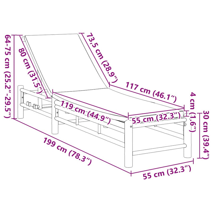 liggestol med hynder 55x199x30 cm bambus