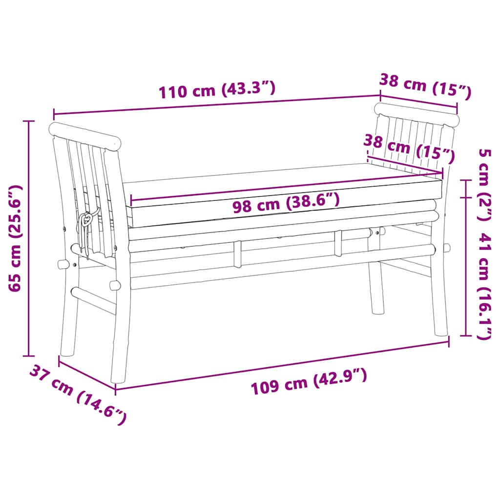 Havebænk med pude Brun 110 x 38 x 65cm Bambus