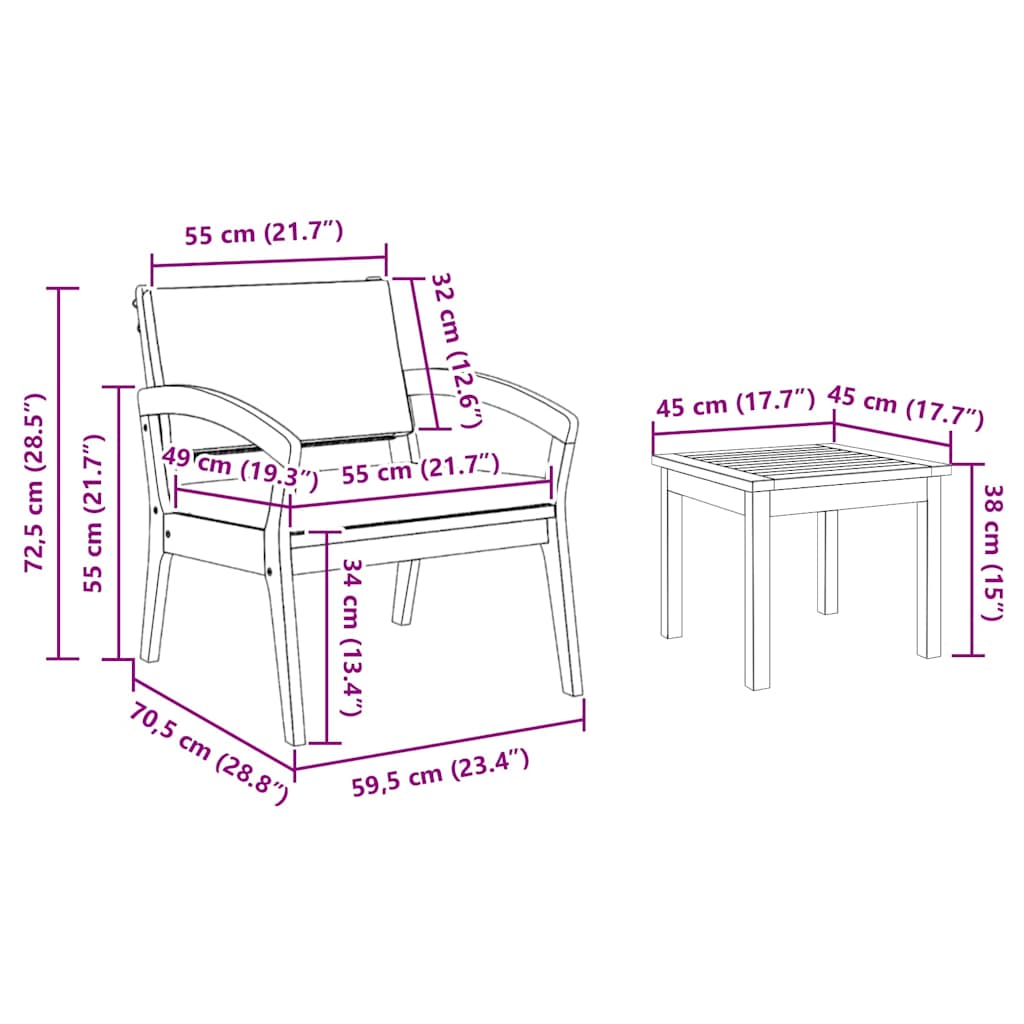 Bistrosæt 3 pcs Brun 45 x 45 x 38cm Massivt akacietræ