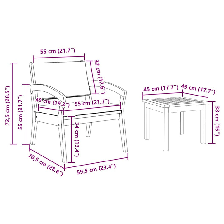 Bistrosæt 3 pcs Brun 45 x 45 x 38cm Massivt akacietræ
