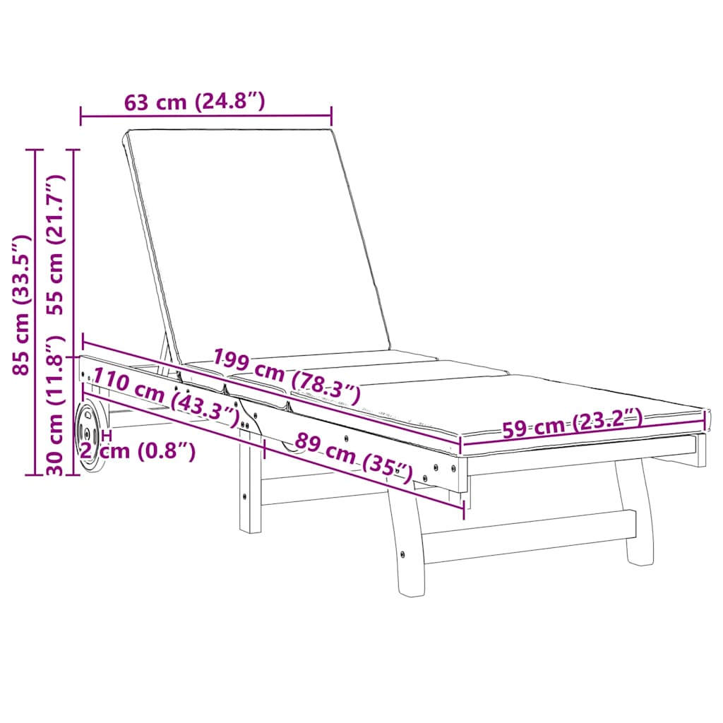 Solstol med pude 2 pcs Brun 63 x 199 x 85cm Massivt akacietræ