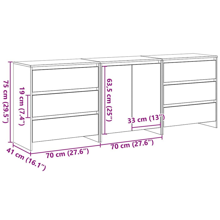 Sideboard med skuffe 3 pcs Sort 70 x 41 x 75 cm Konstrueret træ