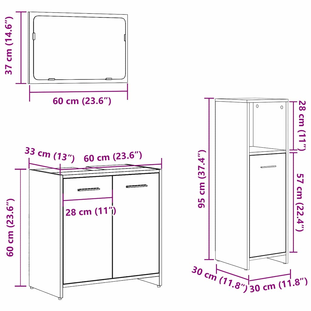 Bathroom Furniture Set med dør 3 pcs Sort eg 60 x 33 x 60 cm