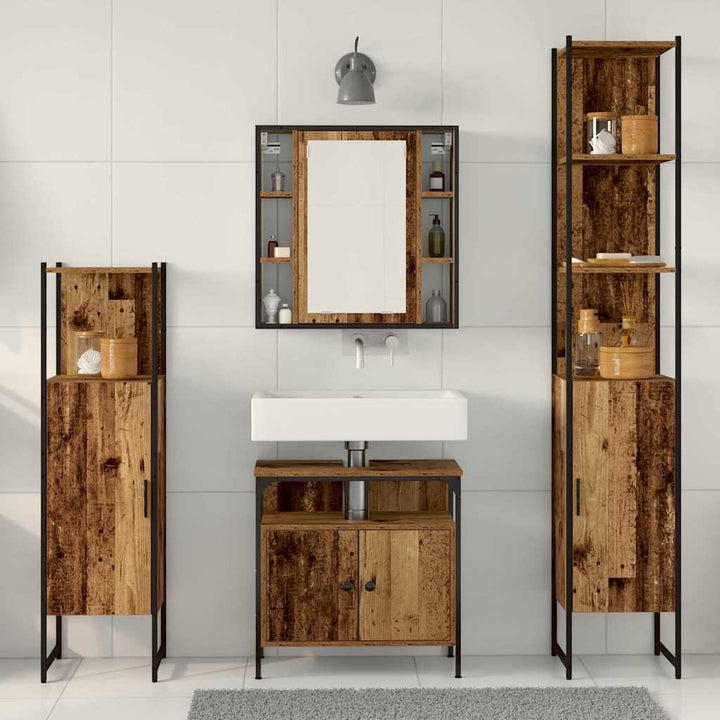 Badeværelsesmøbel sæt 4 pcs Gammelt træ 33 x 33 x 185.5 cm
